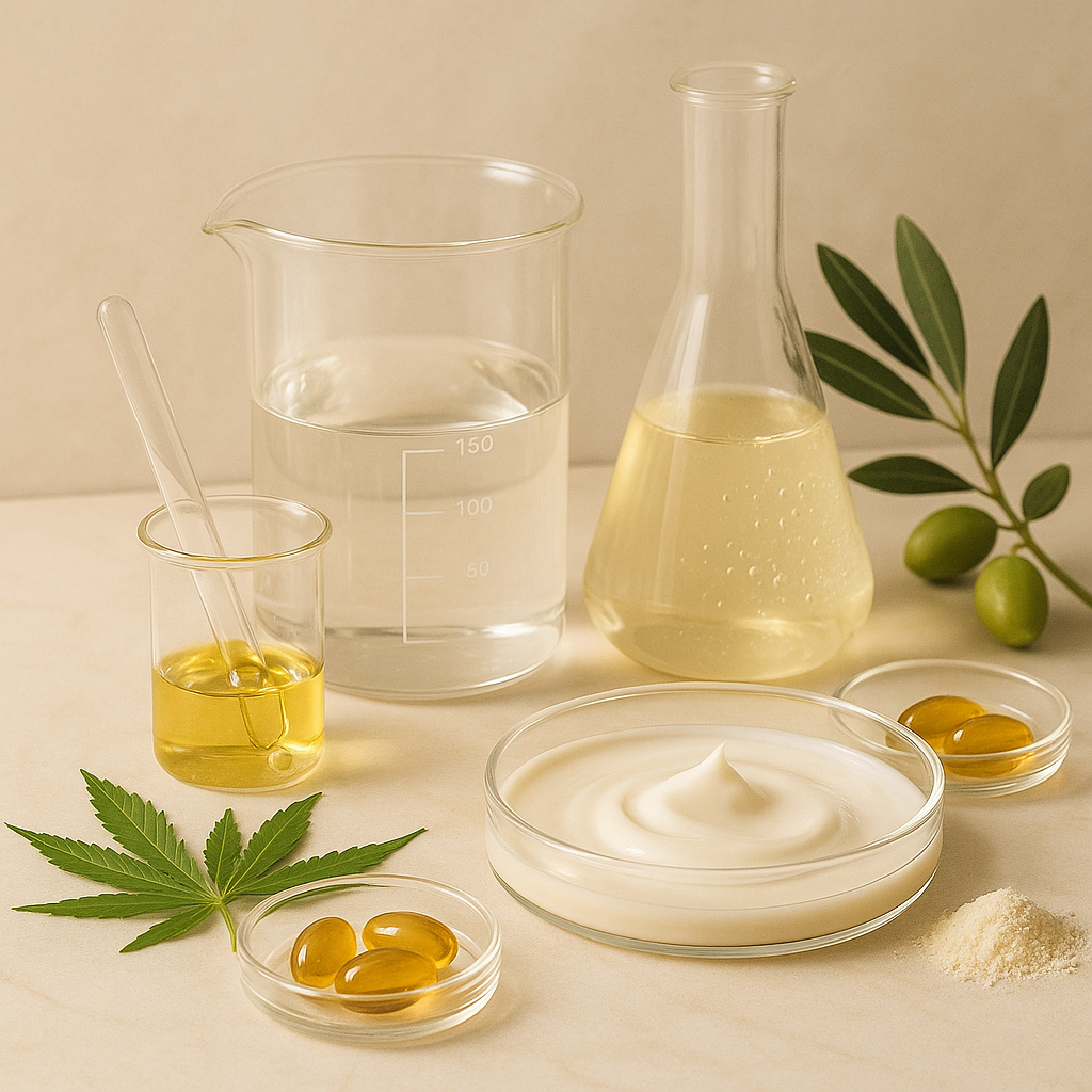 Scientific glassware with olive oil, leaves, and a bowl of cream on a neutral background